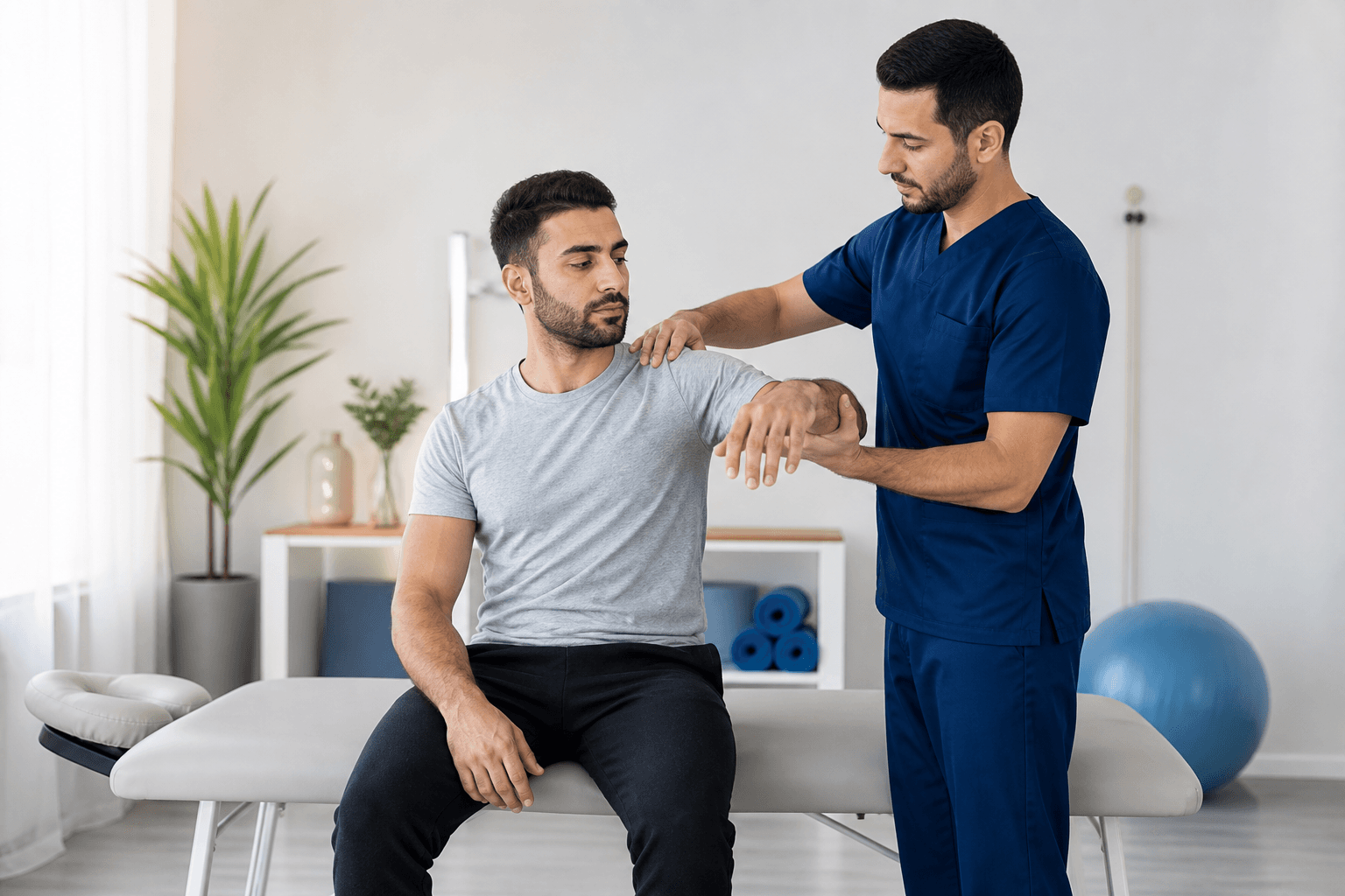 A physiotherapist assessing a patient's shoulder inside a clinic
