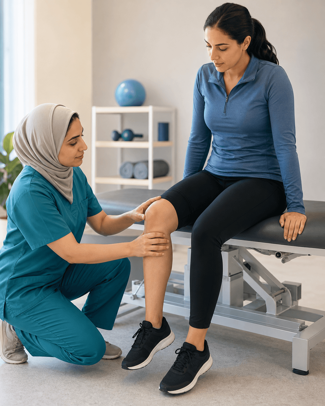 A physiotherapist assessing a patient's knee inside a clinic